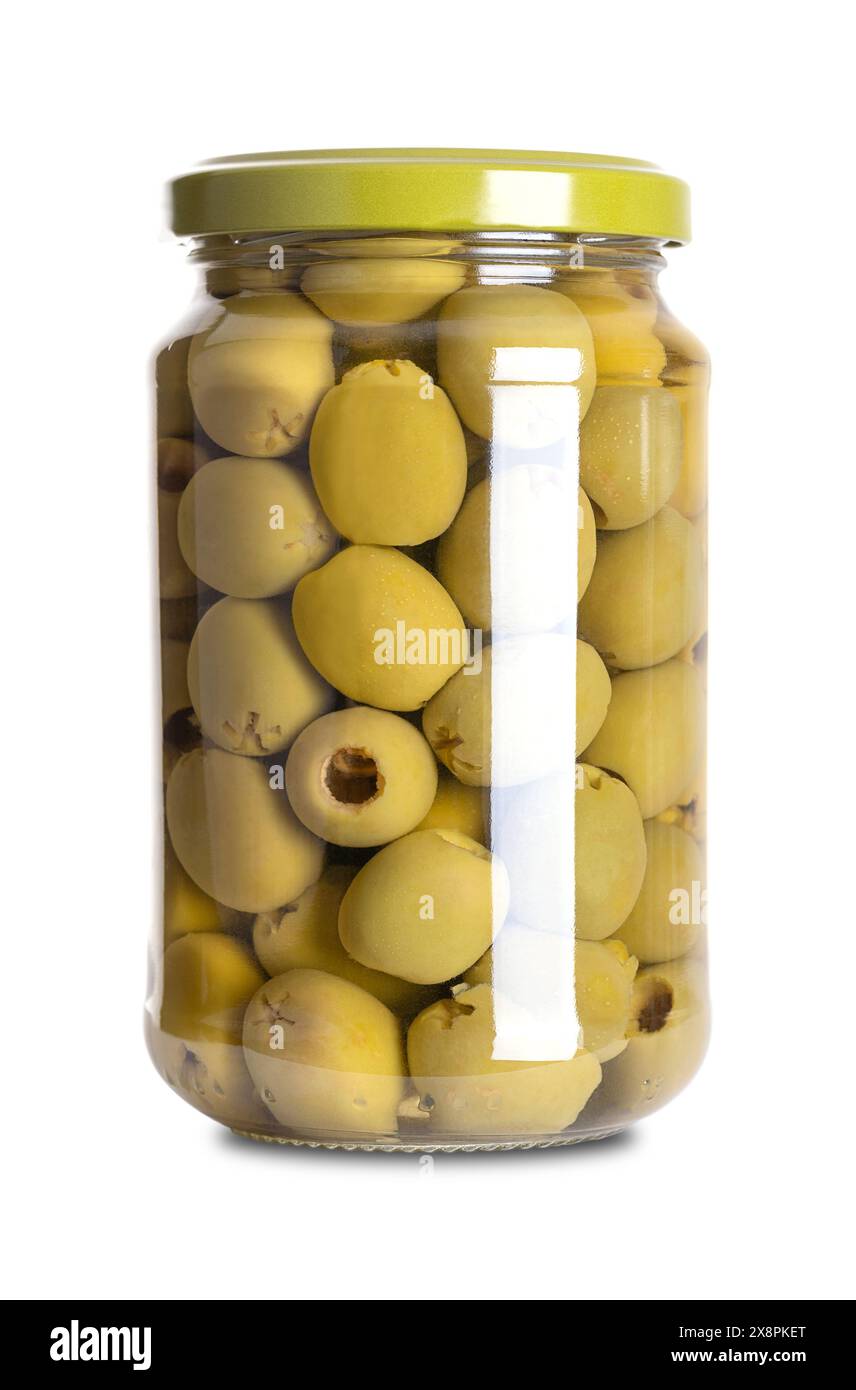 Pitted green olives, pickled in a glass jar with screw cap. Ready to eat Hojiblanca, small Spanish table olives, preserved in lactic acid and salt. Stock Photo