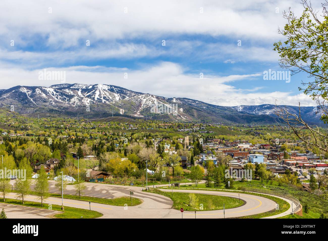 Aerial View of Downtown Steamboat Springs, Colorado, in the spring Stock Photo