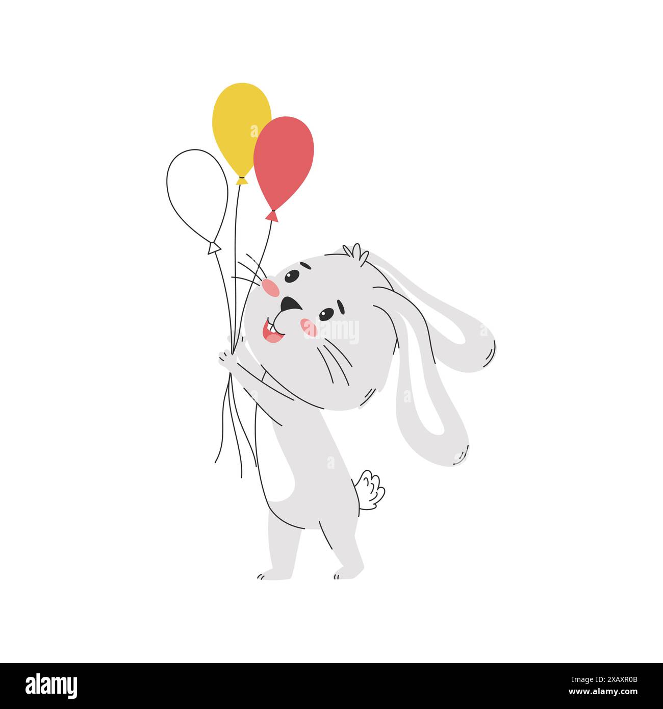 A cartoon smiling rabbit holding festive balloons in its paws. Cute bunny character. Simple vector illustration isolated on a white background Stock Vector