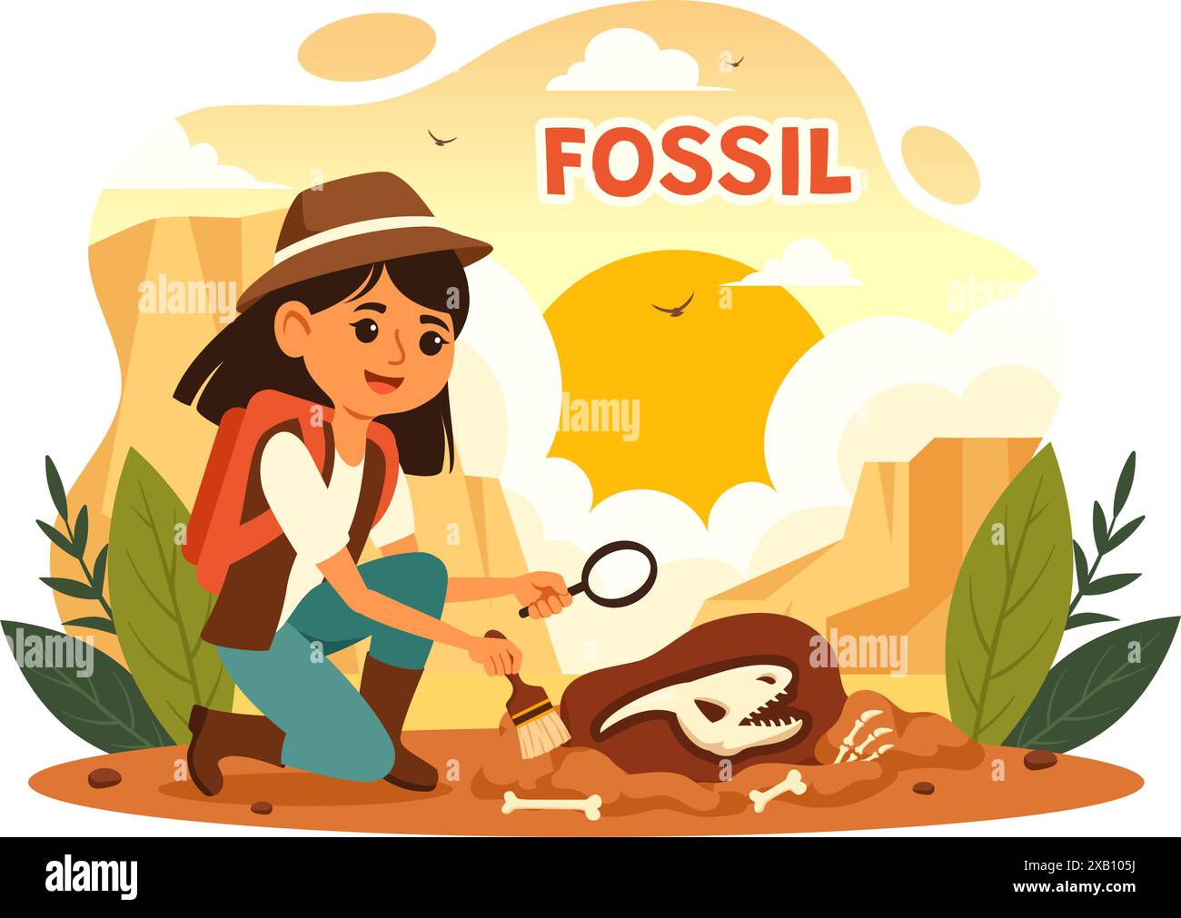 Fossil Vector Illustration of Archaeologists Discovering Dinosaur Skeletons During Excavations, Depicted in a Flat Cartoon Style Background Stock Vector