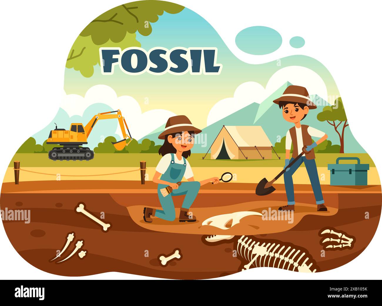 Fossil Vector Illustration of Archaeologists Discovering Dinosaur Skeletons During Excavations, Depicted in a Flat Cartoon Style Background Stock Vector