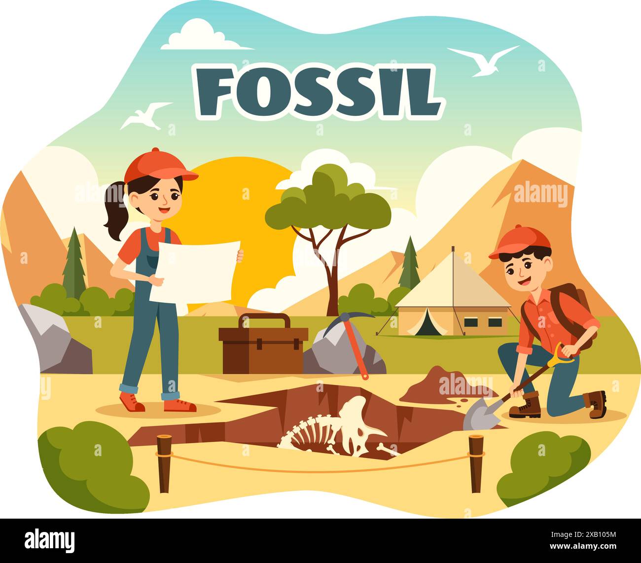 Fossil Vector Illustration of Archaeologists Discovering Dinosaur Skeletons During Excavations, Depicted in a Flat Cartoon Style Background Stock Vector