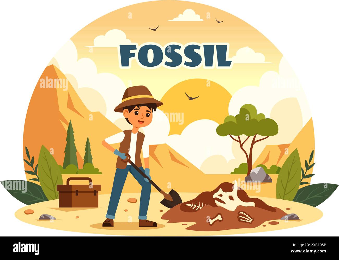 Fossil Vector Illustration of Archaeologists Discovering Dinosaur Skeletons During Excavations, Depicted in a Flat Cartoon Style Background Stock Vector