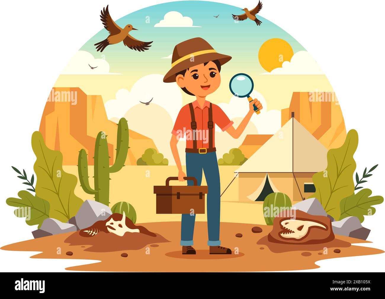 Fossil Vector Illustration of Archaeologists Discovering Dinosaur Skeletons During Excavations, Depicted in a Flat Cartoon Style Background Stock Vector