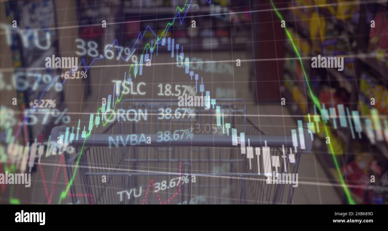 Graph of stock market trends overlaying shopping cart in a grocery store aisle Stock Photo