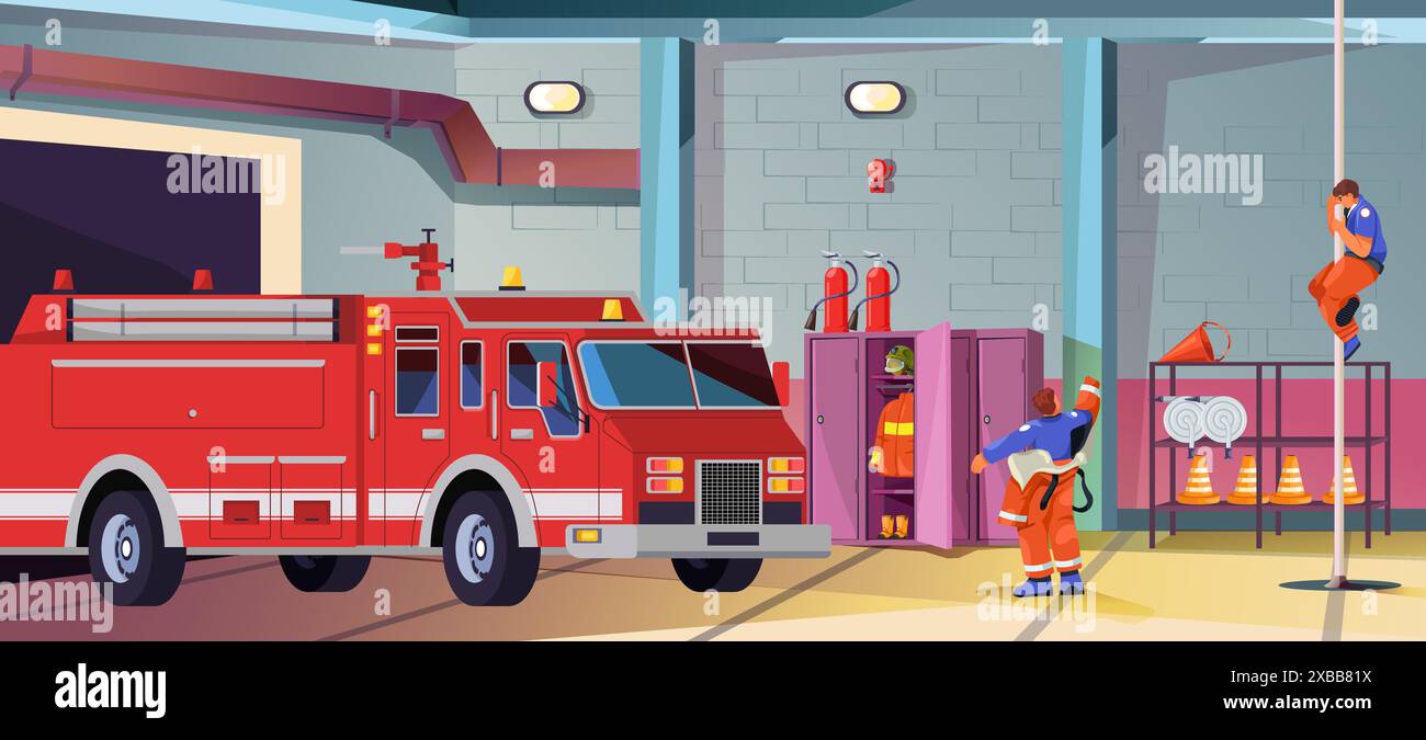 Fire station garage. Firehouse cartoon interior empty hangar for engine ...