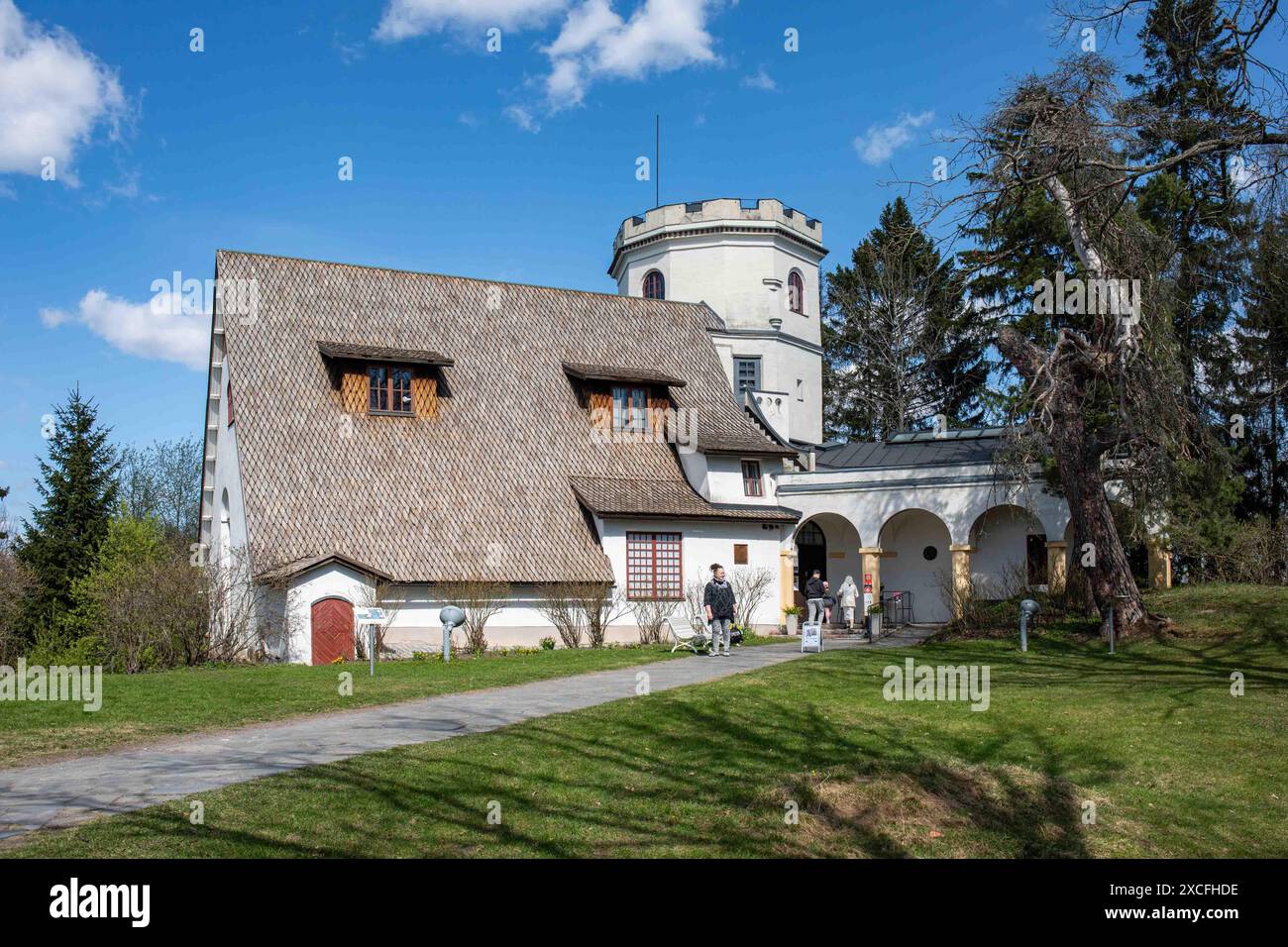 Architecturally unique Tarvaspää atelier, designed by Akseli Gallen-Kallela and completed in 1913, now Gallen-Kallela museum in Espoo, Finland Stock Photo