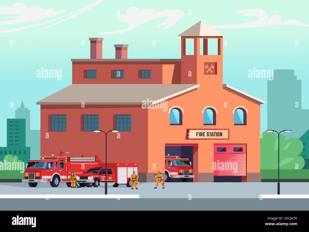 Street fire station. Cartoon city firehouse fireman building exterior ...