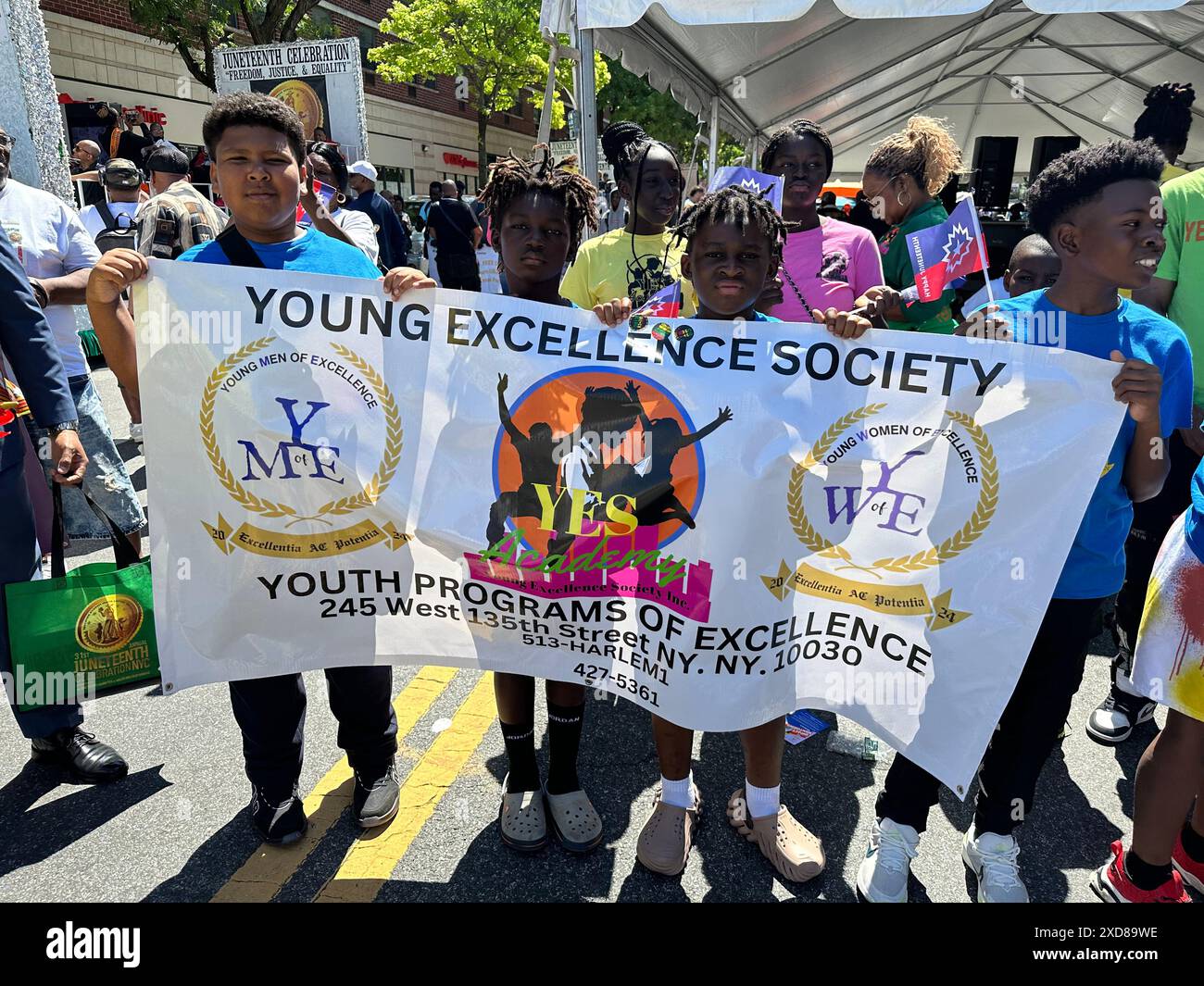 New York, N.Y. - June 15, 2024: Members of Harlem youth program participate in the 31st annual Harlem Juneteenth Celebration Parade which is organized by Masjid Malcom Shabazz. Juneteenth is a federal holiday commerating the end of slavery in the United States on June 19, 1865, when Major General Gordon Granger ordered the final enforcement of the Emancipation Proclamation in Texas at the end of the American Civil War. Stock Photo