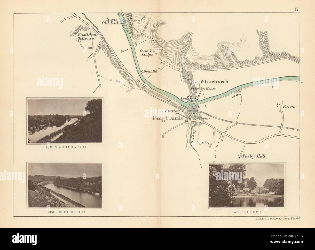 RIVER THAMES - Pangbourne - Whitchurch. Shooters Hill. TAUNT 1887 old map Stock Photo