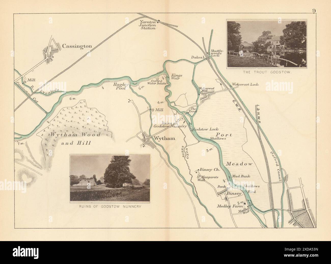 RIVER THAMES - Cassington - Wytham - Godstow - Binsey. The Trout. TAUNT 1887 map Stock Photo