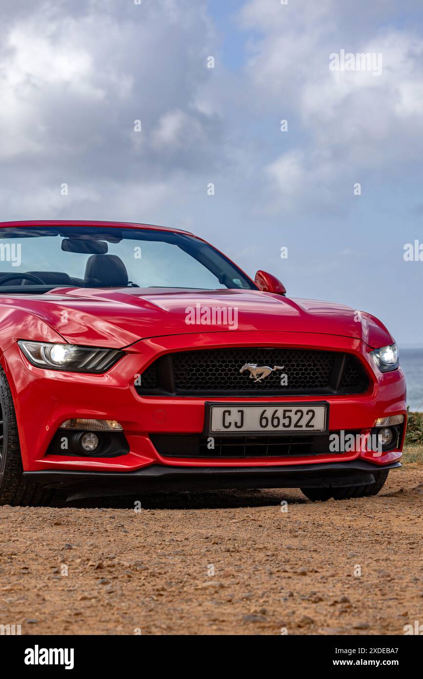 Red Ford Mustang sixth generation at countryside. S550, pony car. American Muscle Car. South Africa - 23 Oct 2023 Stock Photo