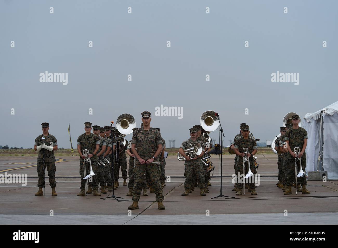 United States Marine Corps 3rd Marine Aircraft Band stands at parade rest at MCAS Miramar in San Diego,  California Stock Photo