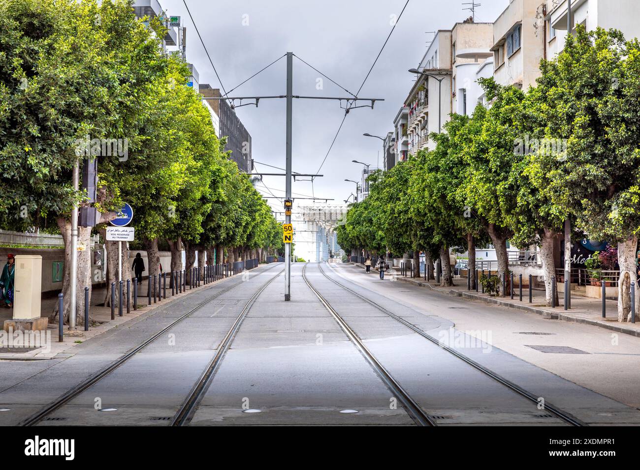 Rabat, Morocco - March 23, 2024: Modern tram in the centre city near Medina. Rabat-Sale tramway is tram system in Rabat Stock Photo