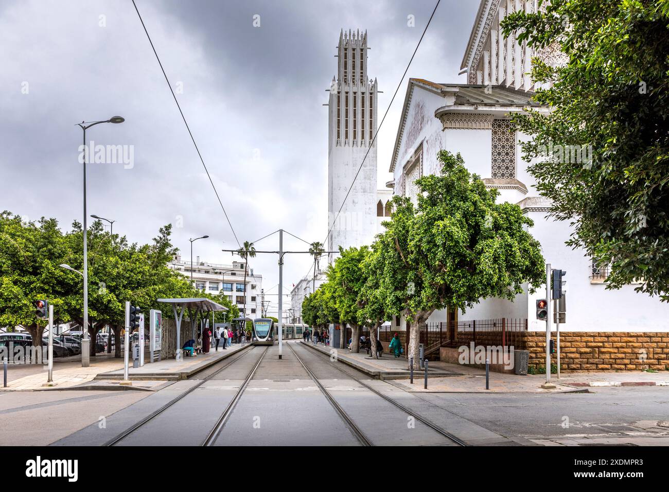 Rabat, Morocco - March 23, 2024: Modern tram in the centre city near Medina. Rabat-Sale tramway is tram system in Rabat Stock Photo