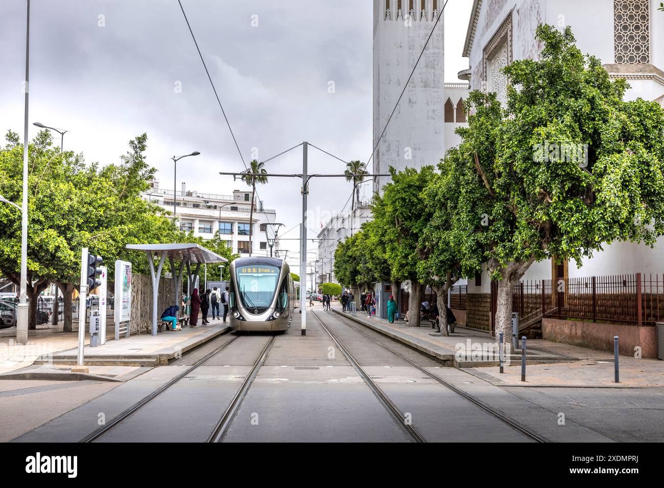 Rabat, Morocco - March 23, 2024: Modern tram in the centre city near Medina. Rabat-Sale tramway is tram system in Rabat Stock Photo