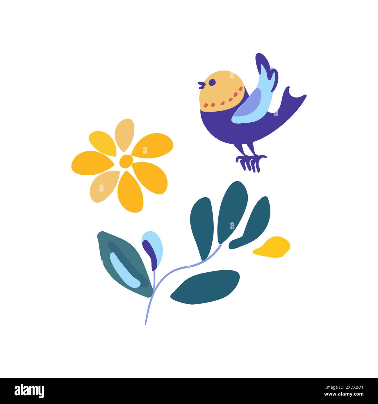 Minimalist graphic featuring a branch with a yellow flower and a bird. Simple and elegant design suitable for various decorative purposes. Stock Vector