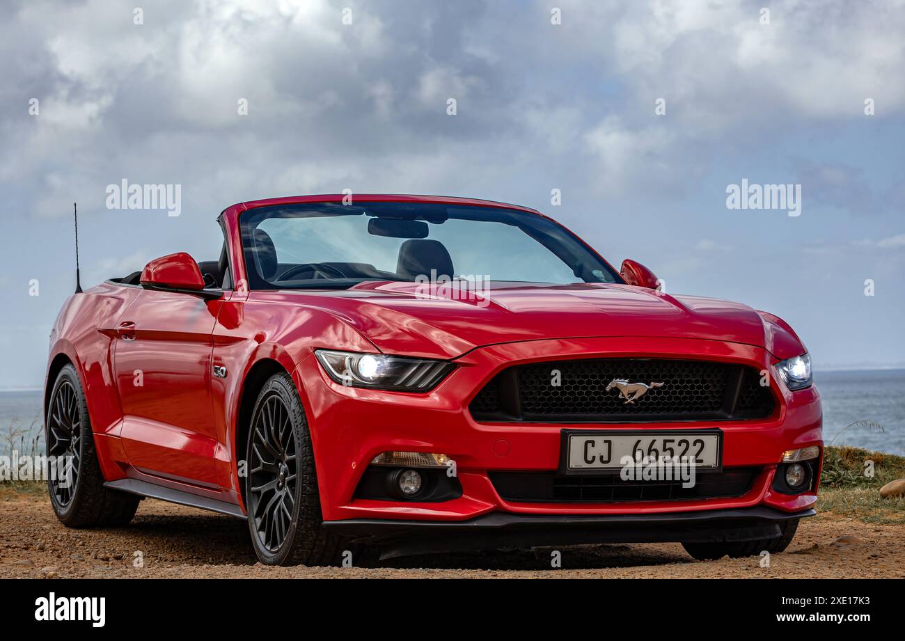 American Muscle Car, red Ford Mustang sixth generation at countryside. S550, pony car. South Africa - 23 Oct 2023 Stock Photo