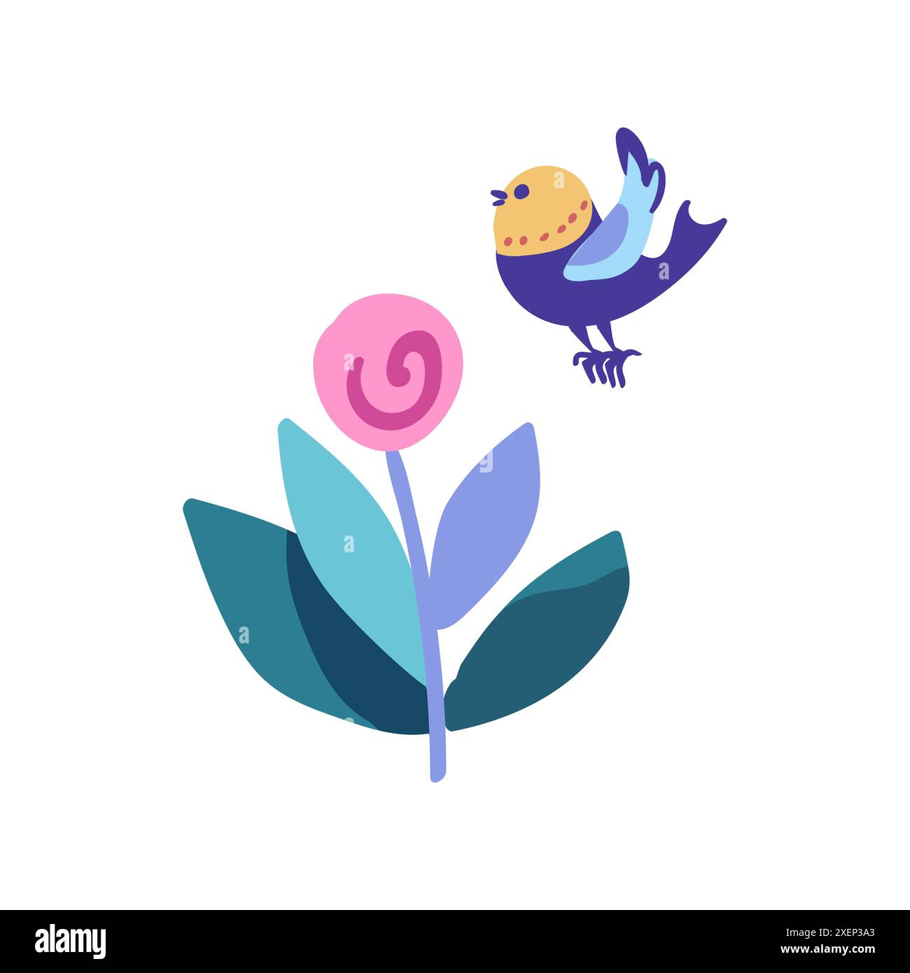 Minimalist graphic featuring a branch with a pink flower and a bird. Simple and elegant design suitable for various decorative purposes Stock Vector