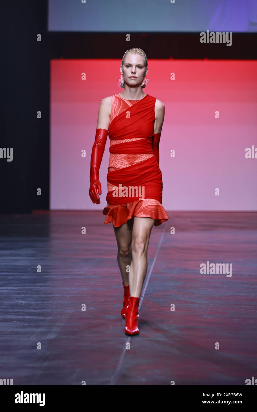 BERLIN, GERMANY - July 3th: A model walks the runway during the Marcel Ostertag Show as part of the COLLECTIVEFOUR at Uber Eats Music Hall on July 3th, 2025 in Berlin, Germany. Stock Photo