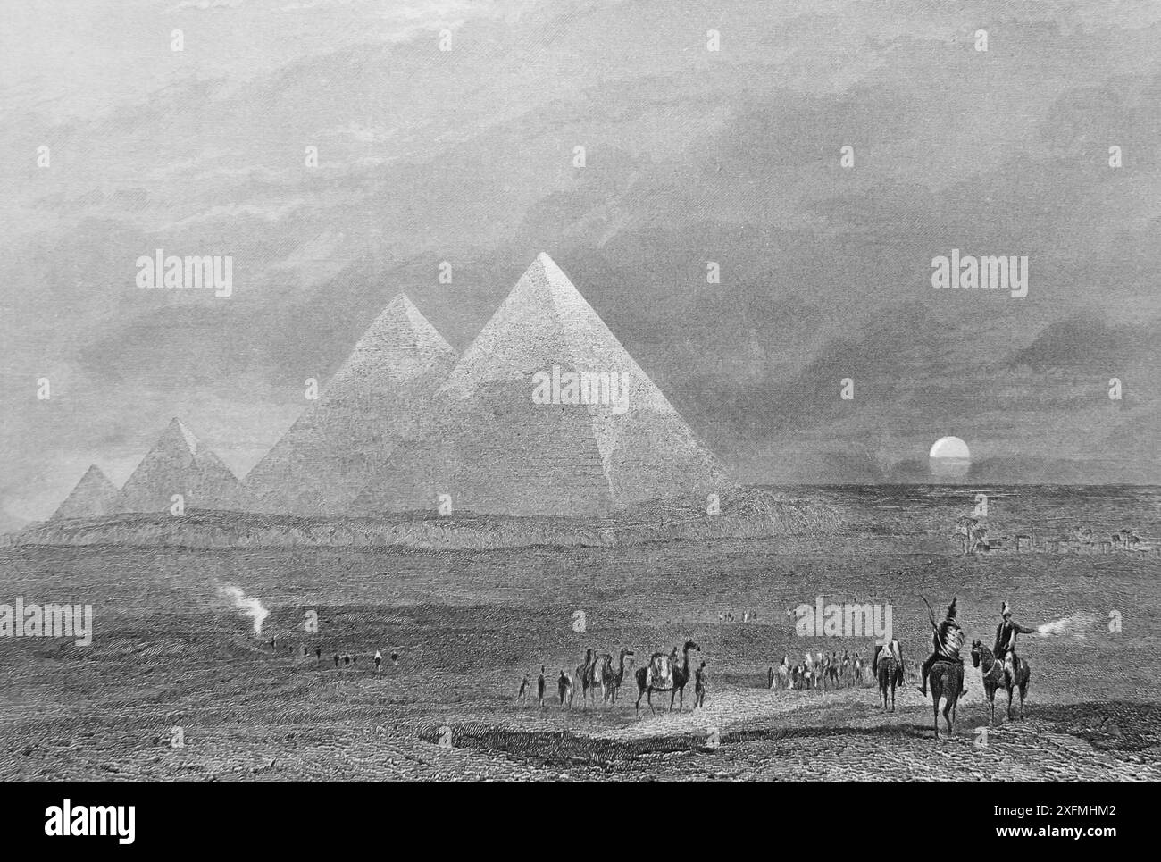 Engraving of the of the Great pyramids of Ghizeh (Giza) Egypt from Antique  19th Century The Imperial Illustrated Bible  Drawn by J.M.W Turner from sk Stock Photo