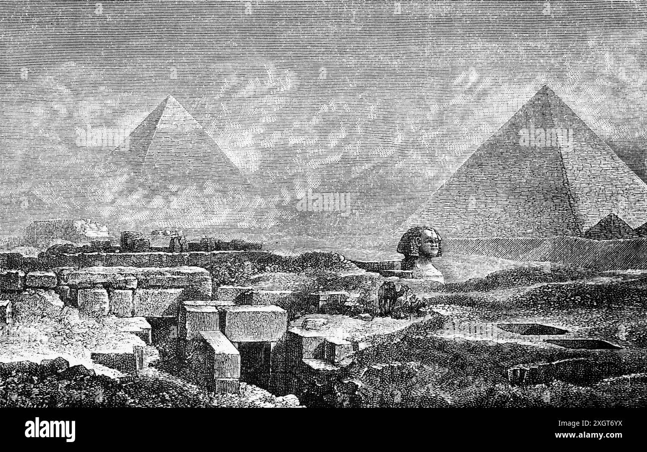 The Giza pyramid complex and the Great Sphinx of Giza, Giza city, Greater Cairo, Egypt, historic illustration 1886 Stock Photo