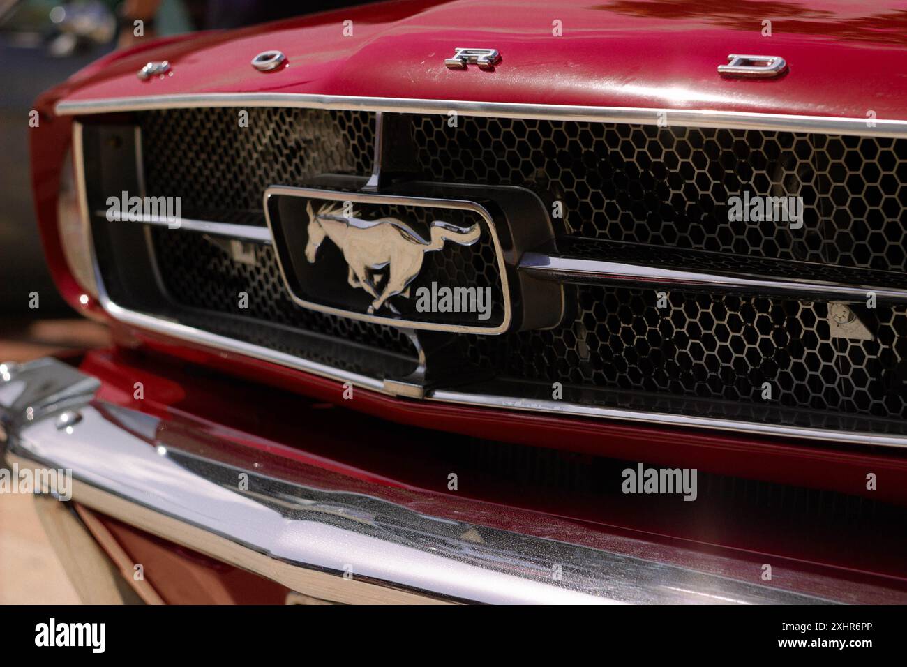 1966 Ford Mustang car bumper with emblem and logo. Stock Photo