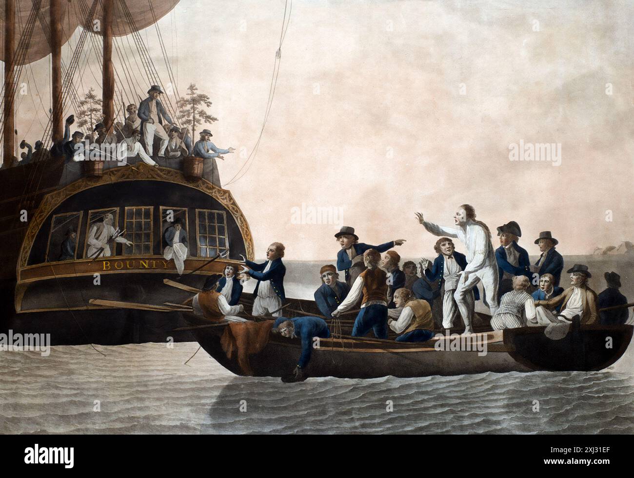 HMS Bounty. Mutineers turning Bligh and his crew adrift, by Robert Dodd, engraving, 1790 Stock Photo