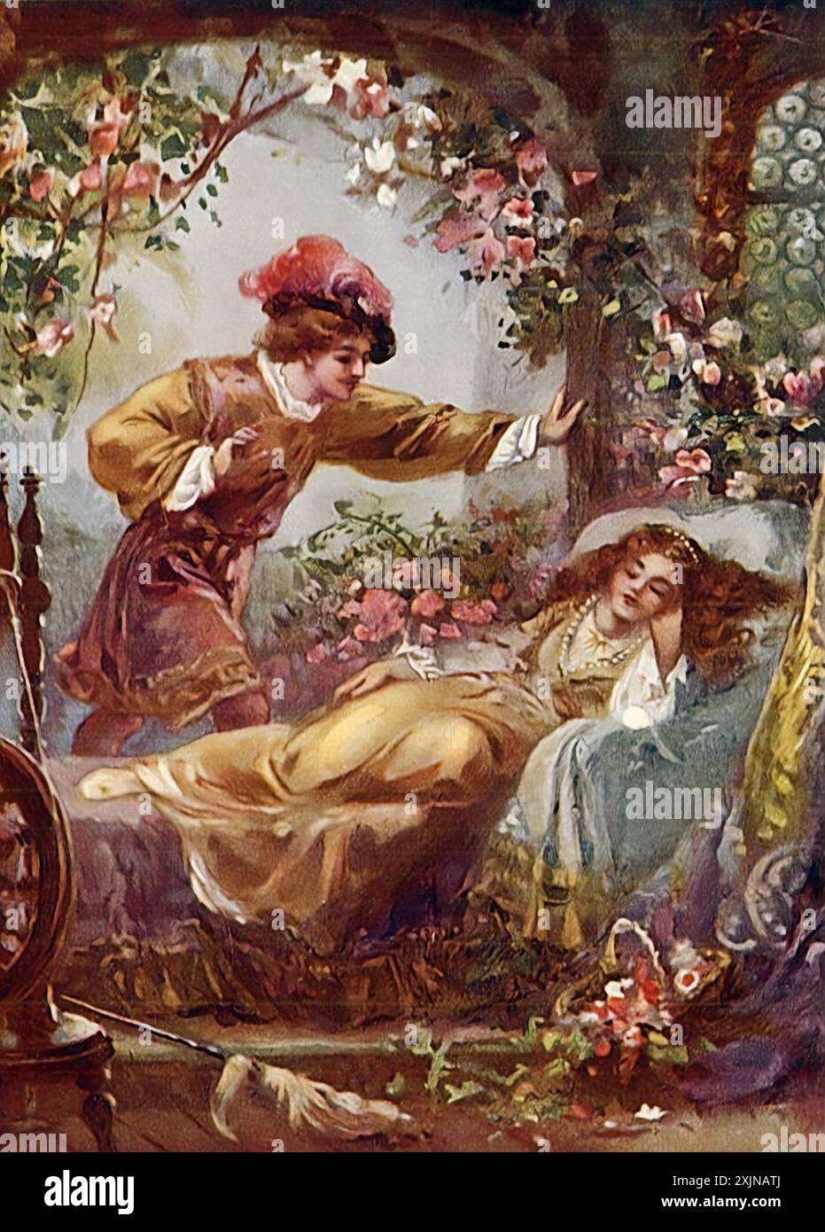 Sleeping Beauty. The prince finds the Sleeping Beauty, in deep slumber amidst the bushes from Childhood's Favorites and Fairy Stories by Mabie, Forbush, and Hale, late 19th century. Stock Photo