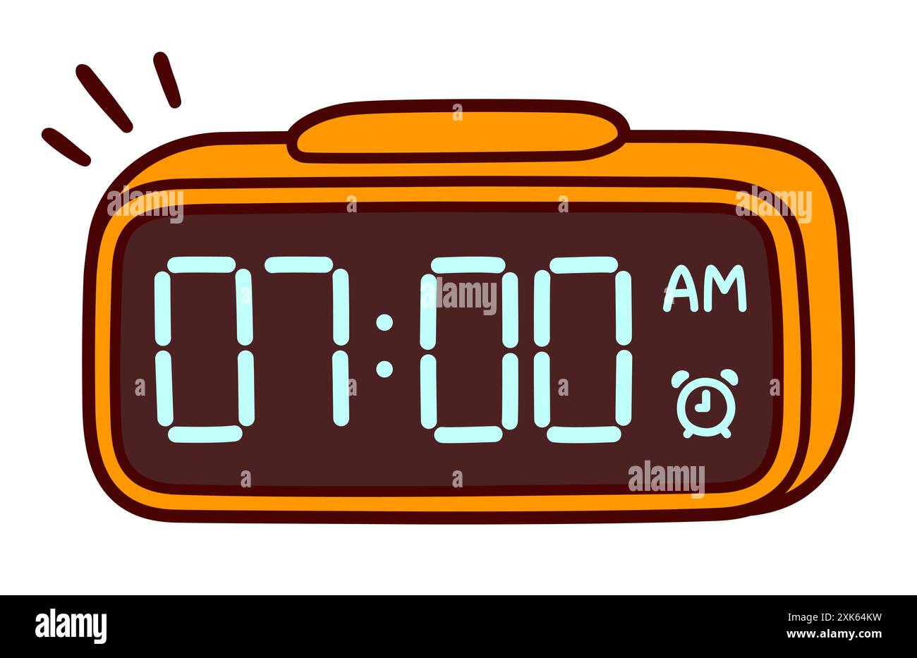 Digital alarm clock cartoon drawing. LED display showing 7 am. Cute hand drawn doodle, vector clip art illustration. Stock Vector