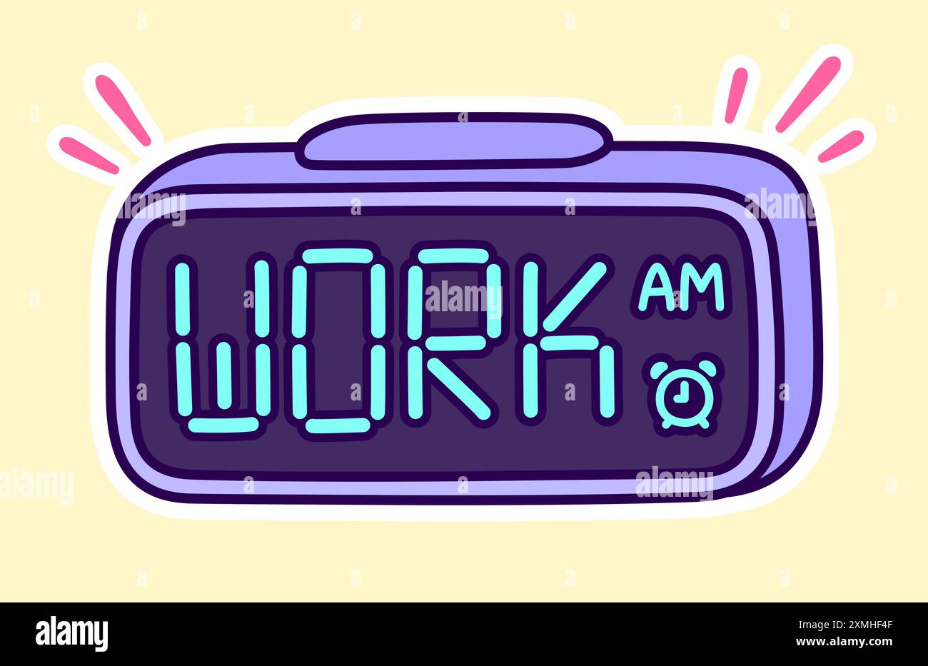 Time to work, digital alarm clock cartoon drawing. LED display showing text 'Work'. Funny hand drawn doodle, vector clip art illustration. Stock Vector