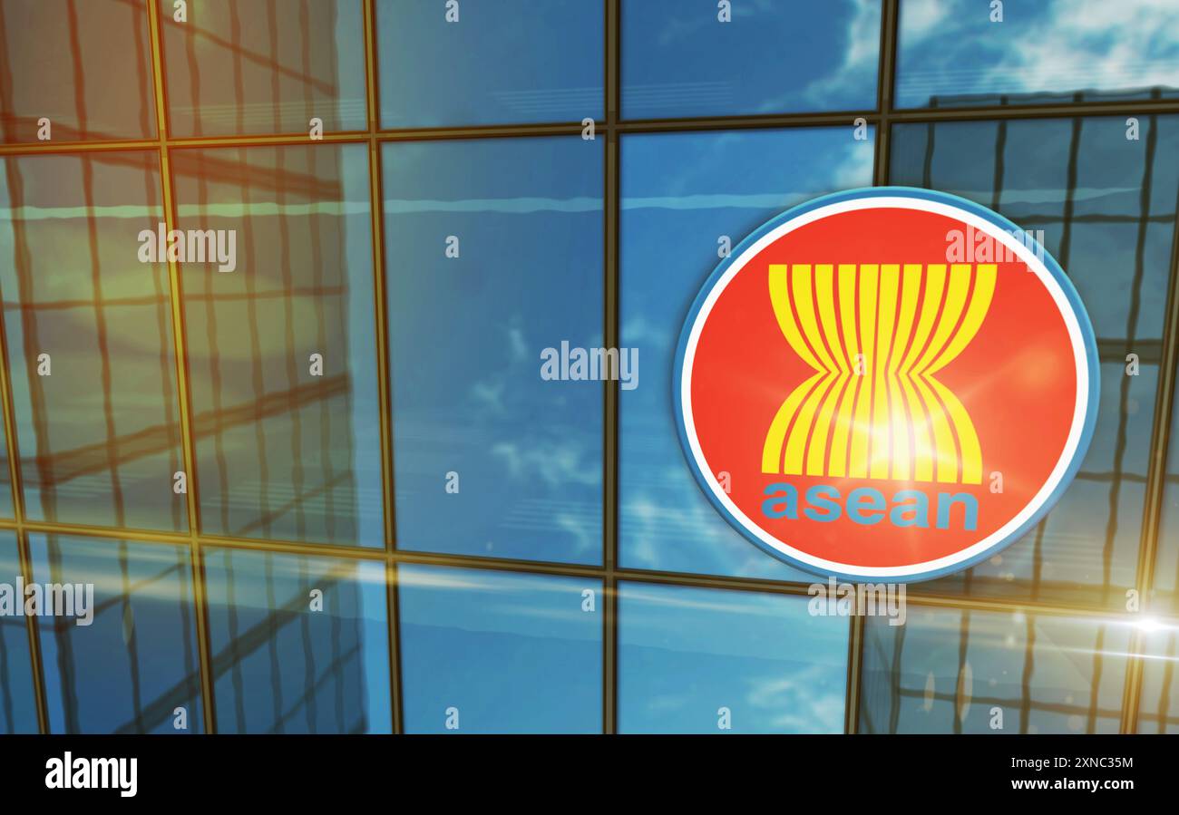 ASEAN glass building concept. Association of Southeast Asian Nations symbol on front facade 3d illustration. Stock Photo