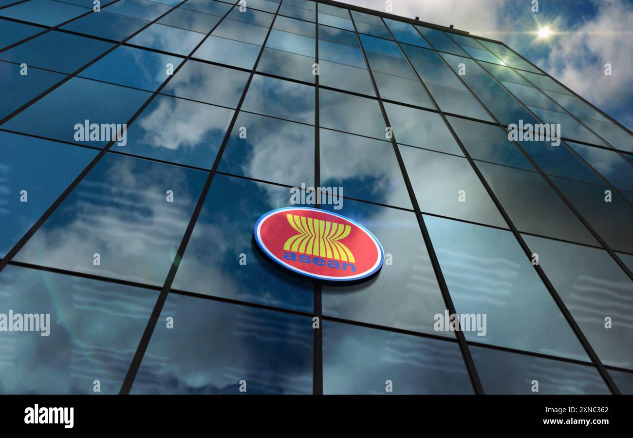 ASEAN glass building concept. Association of Southeast Asian Nations symbol on front facade 3d illustration. Stock Photo