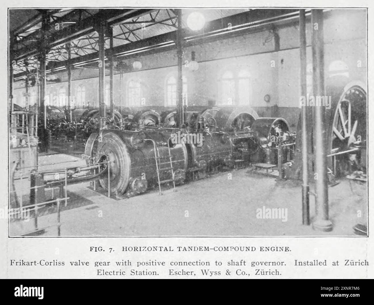 HORIZONTAL TANDEM-COMPOUND ENGINE. Frikart-Corliss valve gear with positive connection to shaft governor. Installed at Zurich Electric Station. Escher, Wyss & Co., Zurich. from the Article STEAM-ENGINE BUILDING IN SWITZERLAND. By A. Stodola.  from The Engineering Magazine Devoted to Industrial Progress Volume XVIII 1899-1900 The Engineering Magazine Co Stock Photo