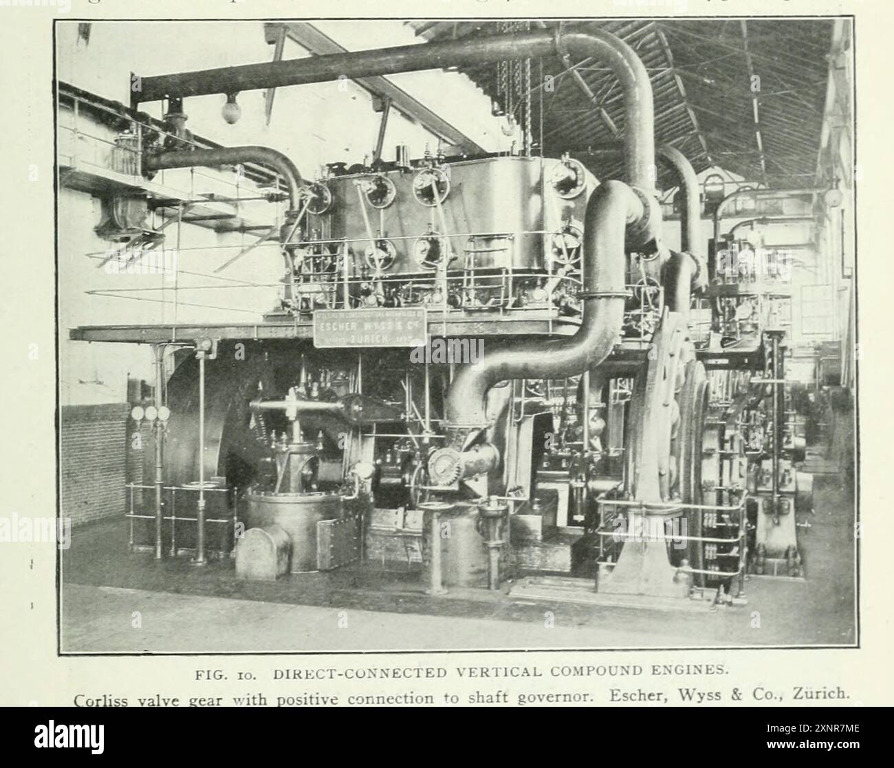 DIRECT-CONNECTED VERTICAL COMPOUND ENGINES. Corliss valve gear with positive connection to shaft governor. Escher, Wyss & Co., Zurich. from the Article STEAM-ENGINE BUILDING IN SWITZERLAND. By A. Stodola.  from The Engineering Magazine Devoted to Industrial Progress Volume XVIII 1899-1900 The Engineering Magazine Co Stock Photo