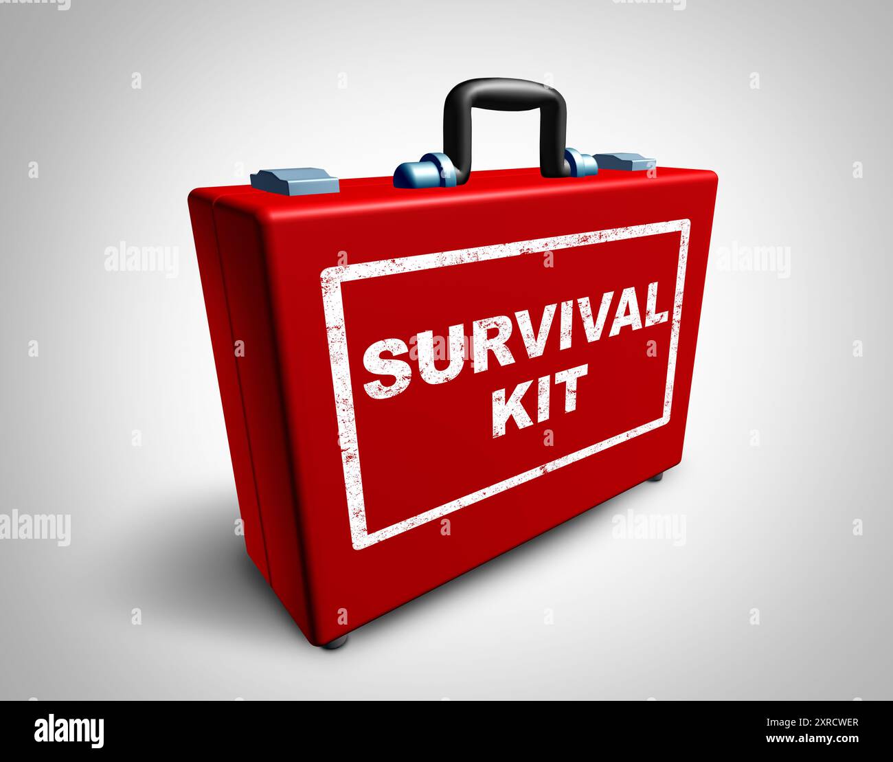 Emergency Survival Kit as gear for preparedness as disaster readiness as first aid supplies with essentials in a red suitcase as a crisis bag or respo Stock Photo