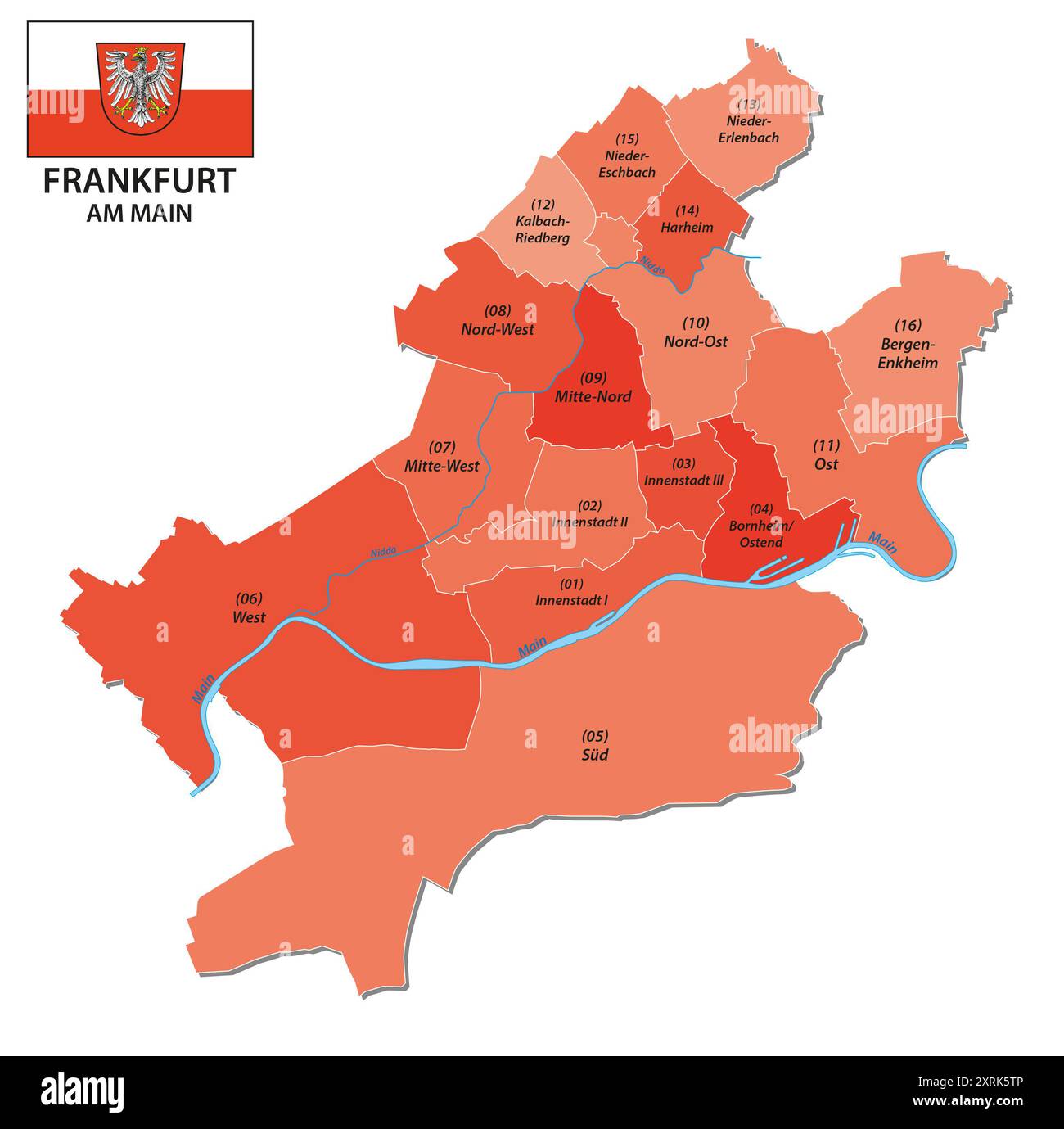 administrative  vector map of Frankfurt with all districts Stock Photo