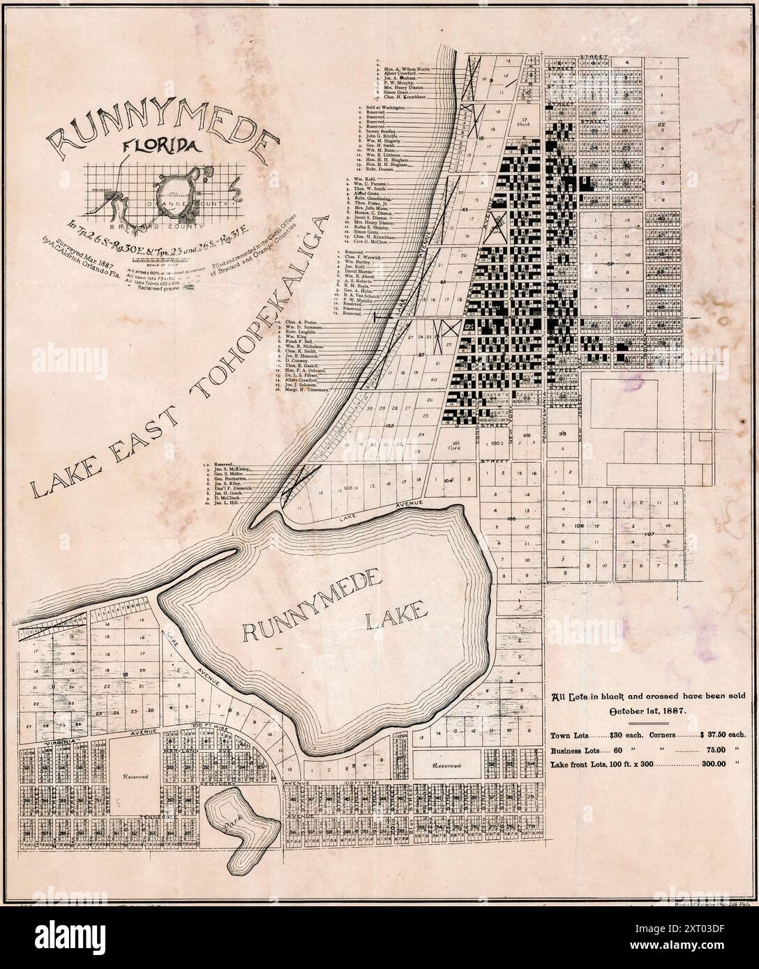 Map of Runnymede Florida, circa 1887 Stock Photo