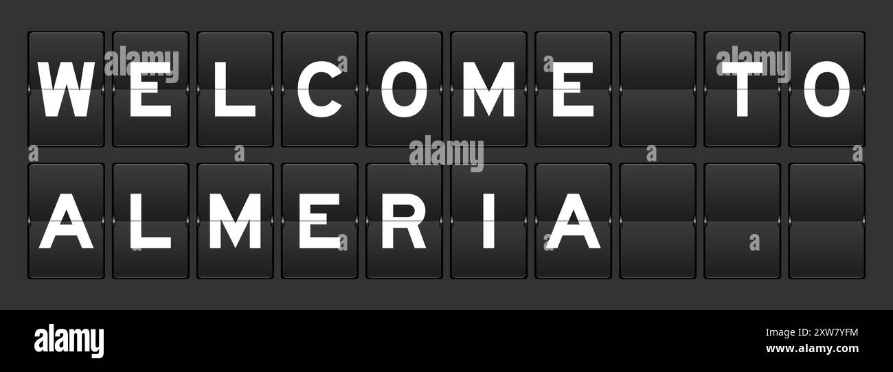 Black color analog flip board with word welcome to almeria on gray background Stock Vector