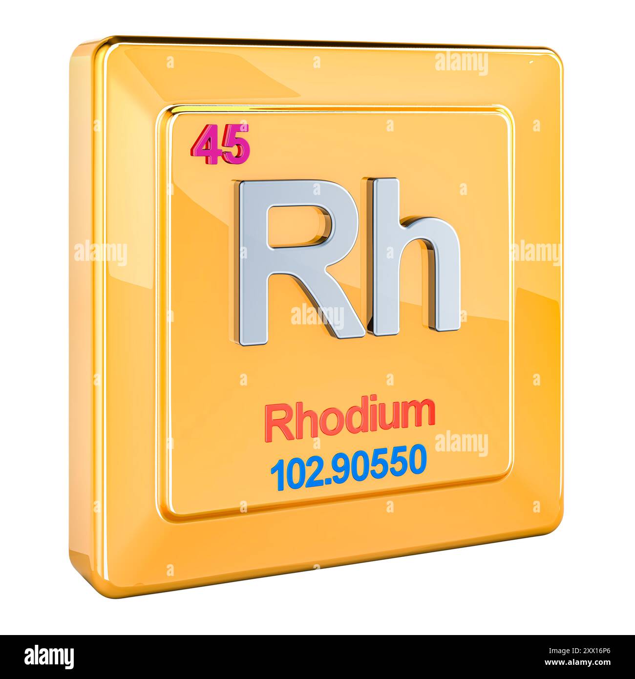 Rhodium Rh, chemical element sign with number 45 in periodic table. 3D rendering isolated on white background Stock Photo