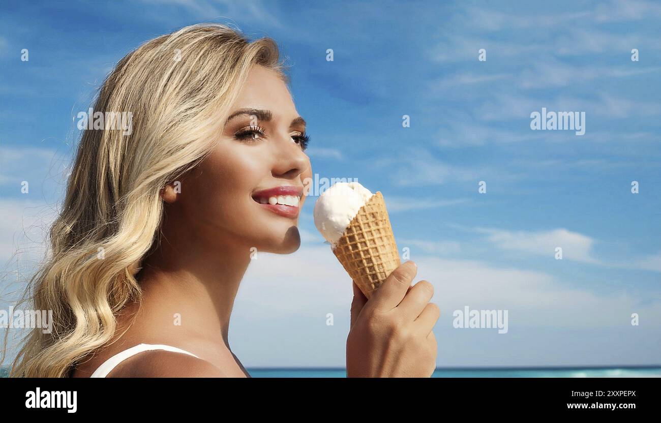 A blonde woman enjoys eating an ice cream in a cone Stock Photo