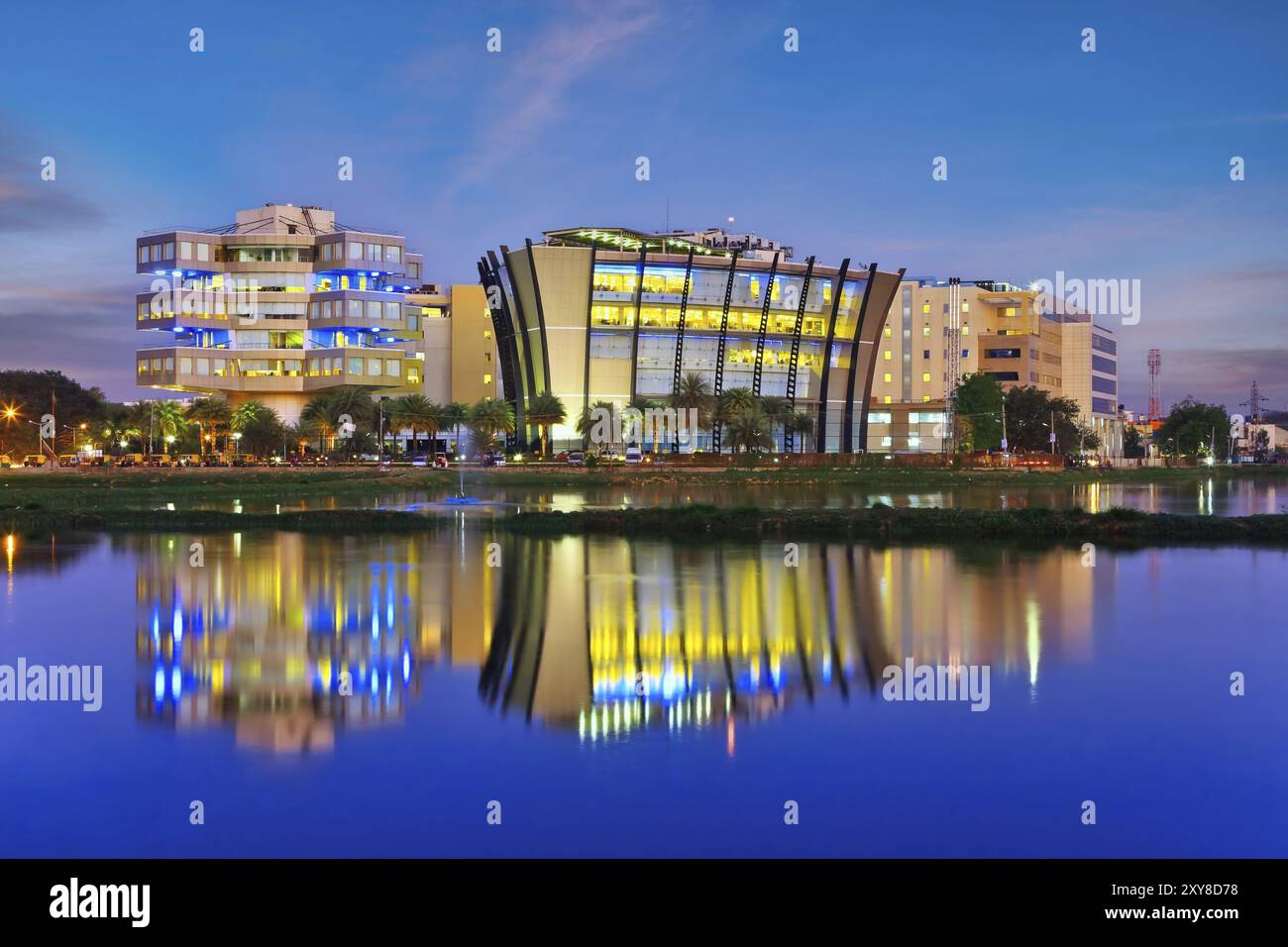 Bangalor India, March 3 2011: Bangalore night city skyine at Bagmane Tech Park or India silicon valley Stock Photo