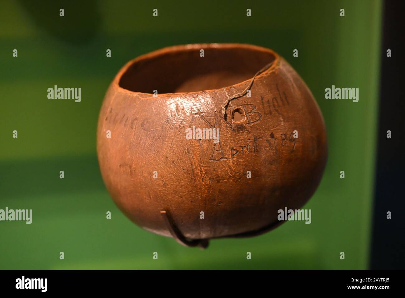 Captain Bligh’s coconut bowl, used on the launch voyage after the mutiny on the Bounty on display at The National Maritime Museum, Greenwich, London Stock Photo