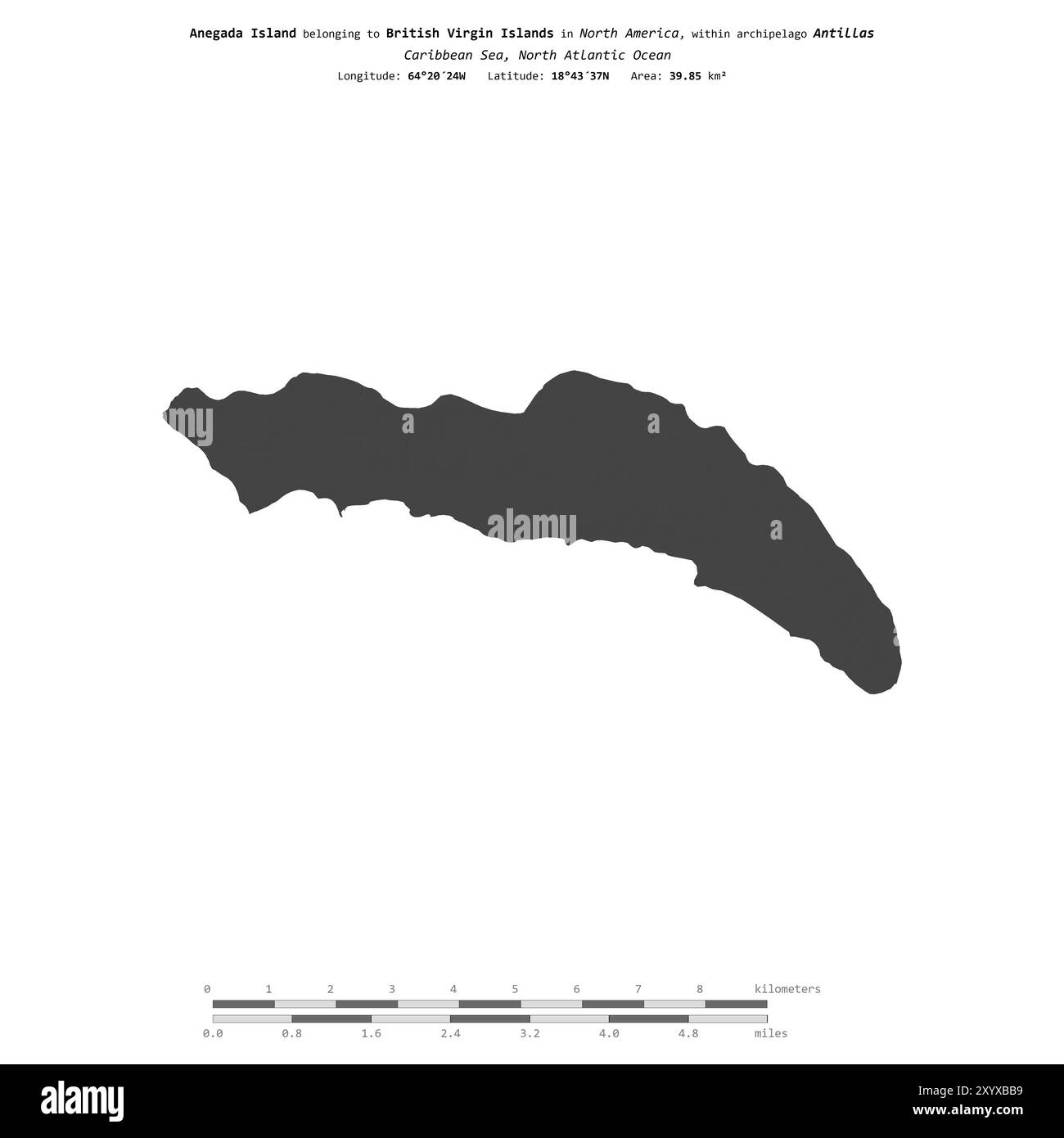 Anegada Island in the Caribbean Sea, belonging to British Virgin Islands, isolated on a bilevel elevation map, with distance scale Stock Photo