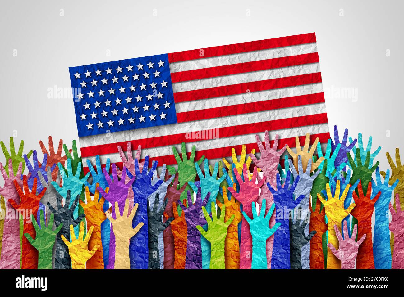 American Diversity Celebration as diverse citizens of the USA with a flag celebrating inclusion and multiculturalism as united people of the US repres Stock Photo