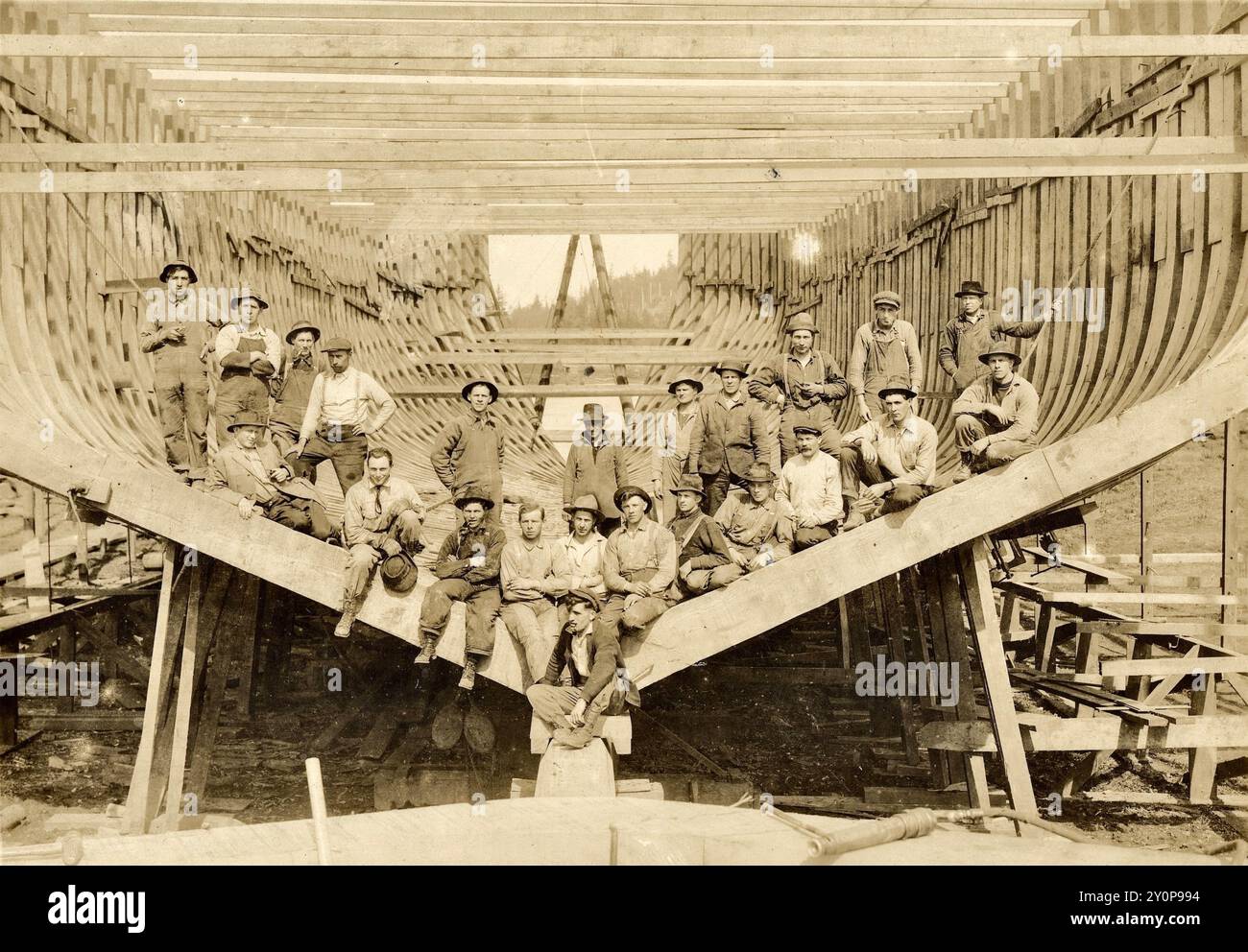 Boat Building about 1900, Wood Boat Building, Old Boat Building Stock Photo