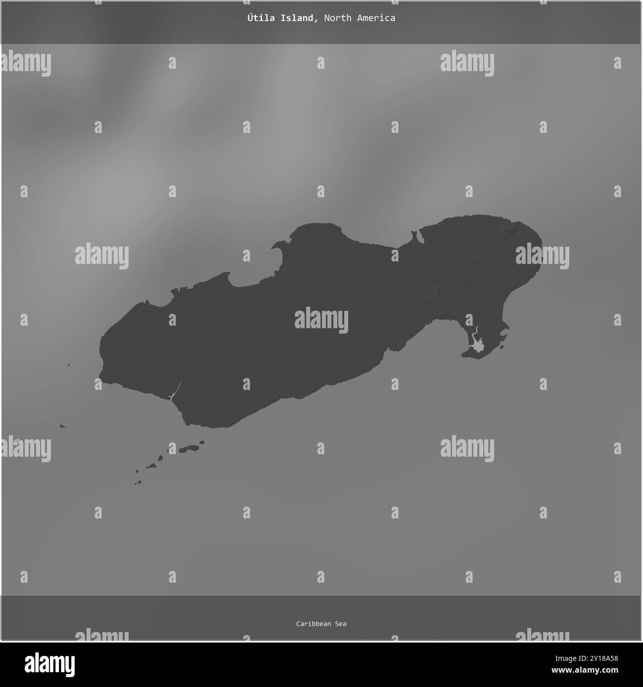 Utila Island in the Caribbean Sea, belonging to Honduras, cropped to square on a bilevel elevation map Stock Photo