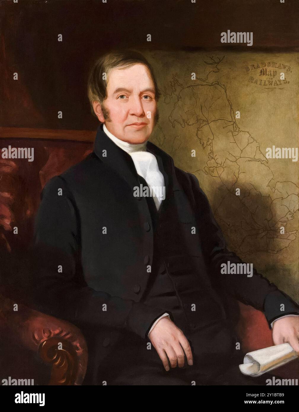 George Bradshaw (1800-1853), English cartographer, printer, and publisher of 'Bradshaw's Guide', the first railway guide and timetable, portrait painting in oil on canvas by Richard Evans, 1841 Stock Photo