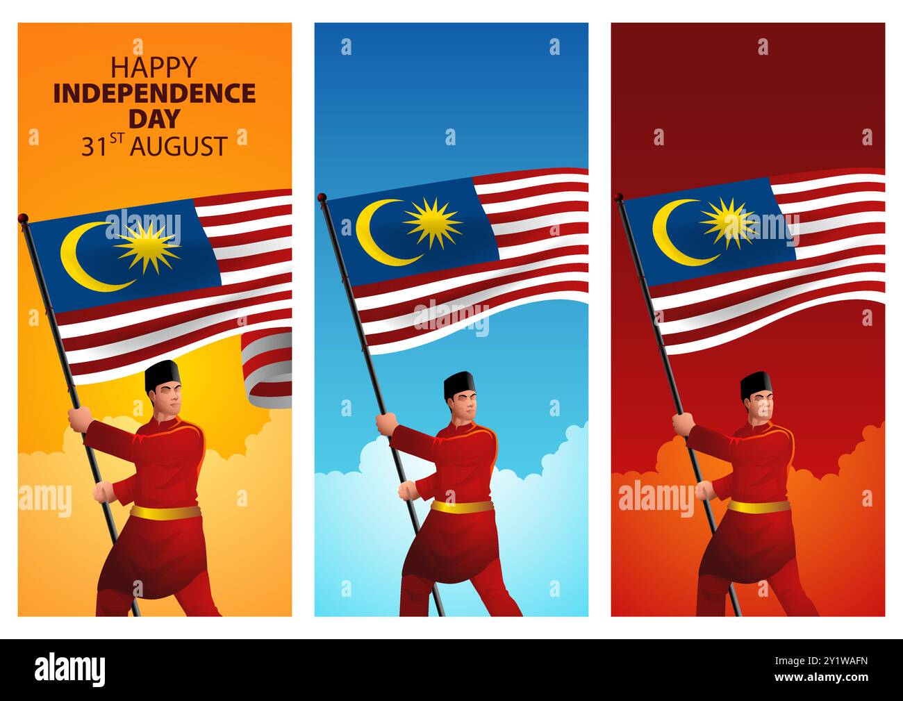 Malaysian man in traditional Malaysia clothing holding the flag of Malaysia with pride. Celebrating Independence Day, and national events. Optimized f Stock Vector