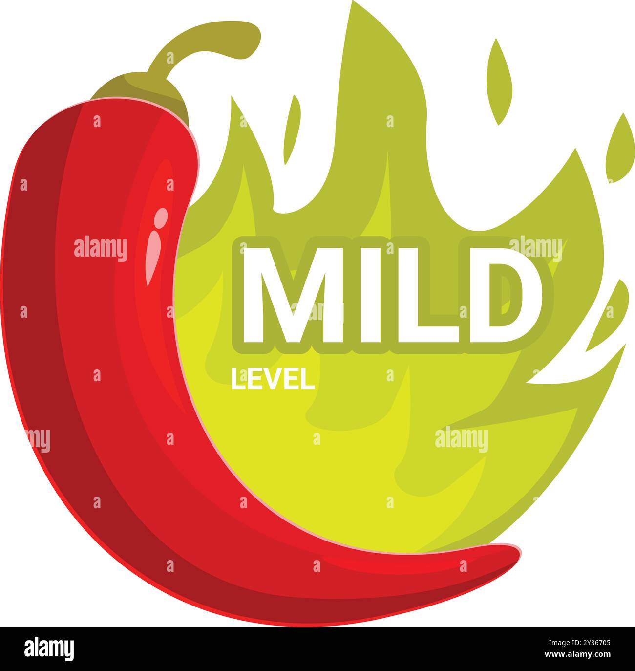 Red chili pepper with green fire burning behind it showing mild level of spiciness Stock Vector